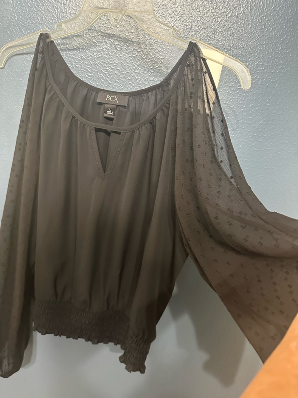 BCX Black Sheer Cold-Shoulder Smocked-Hem Blouse